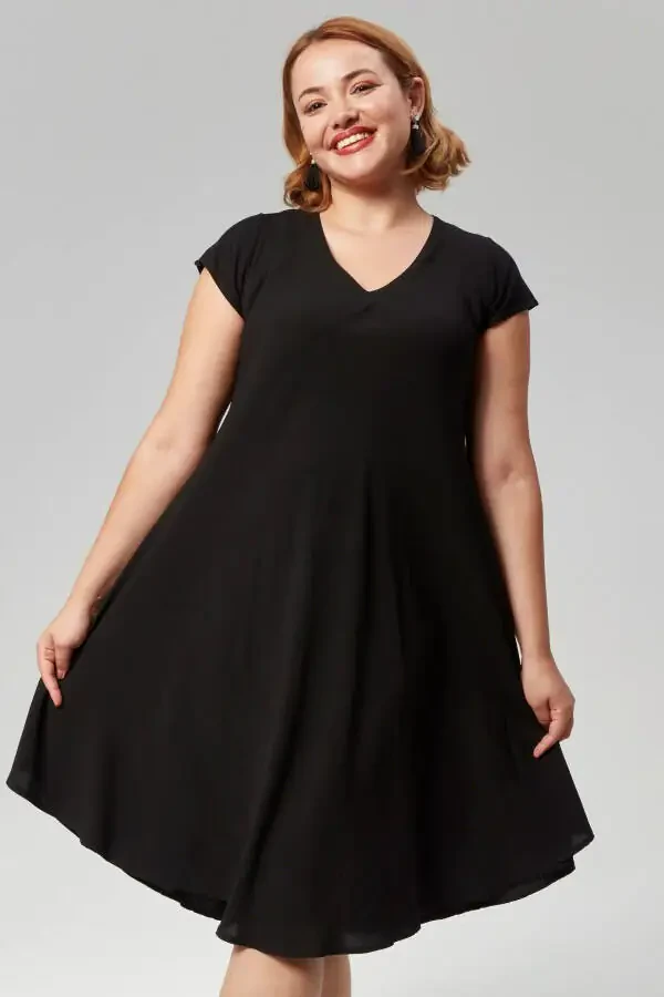 Plus Size V-Neck Short Sleeve Woven Viscon Comfort Dress Solid Black - 1