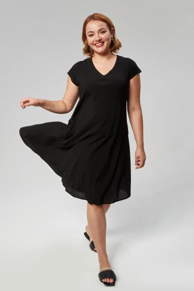 Plus Size V-Neck Short Sleeve Woven Viscon Comfort Dress Solid Black - 2