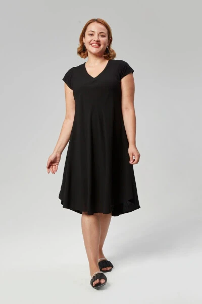 Plus Size V-Neck Short Sleeve Woven Viscon Comfort Dress Solid Black - 4