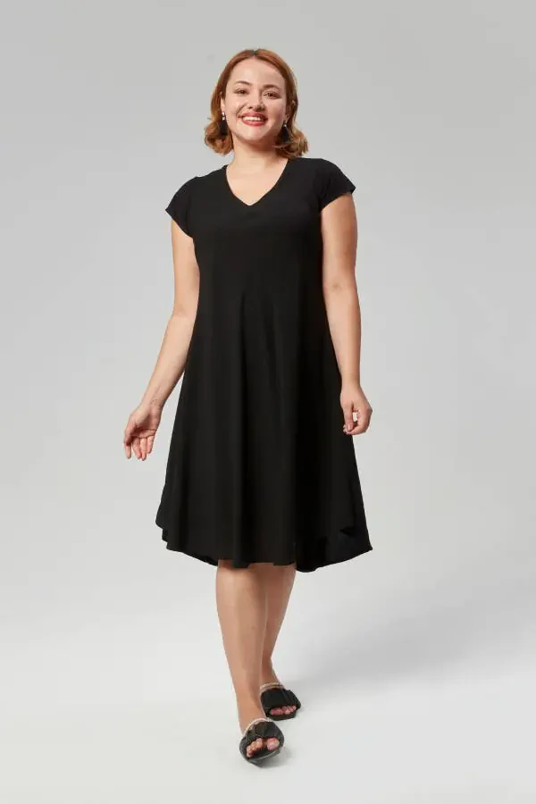 Plus Size V-Neck Short Sleeve Woven Viscon Comfort Dress Solid Black - 4
