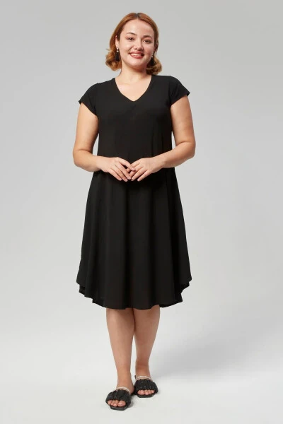 Plus Size V-Neck Short Sleeve Woven Viscon Comfort Dress Solid Black - 5