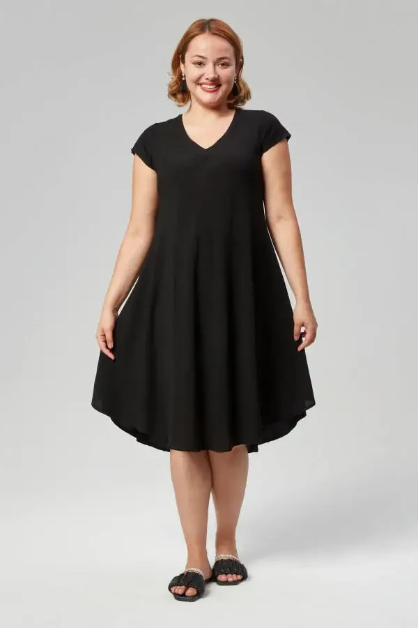 Plus Size V-Neck Short Sleeve Woven Viscon Comfort Dress Solid Black - 6