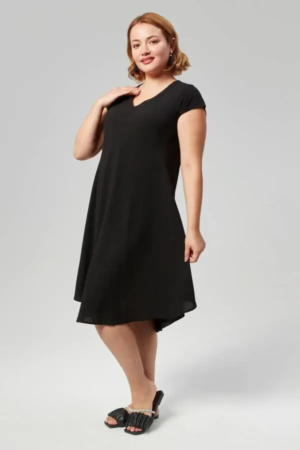 Plus Size V-Neck Short Sleeve Woven Viscon Comfort Dress Solid Black - 7
