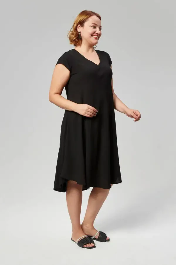 Plus Size V-Neck Short Sleeve Woven Viscon Comfort Dress Solid Black - 8