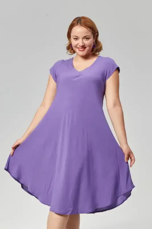 Plus Size V Neck Short Sleeve Woven Viscose Comfort Dress Plain PURPLE-PURPLE - 1
