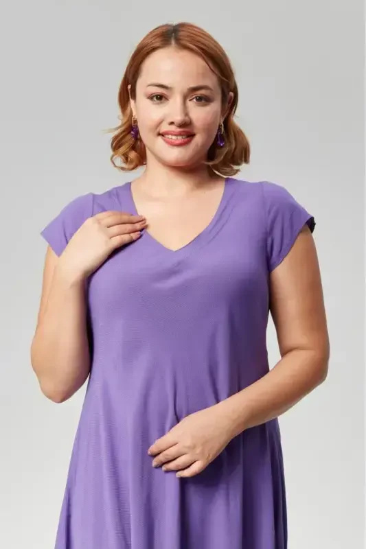 Plus Size V Neck Short Sleeve Woven Viscose Comfort Dress Plain PURPLE-PURPLE - 2