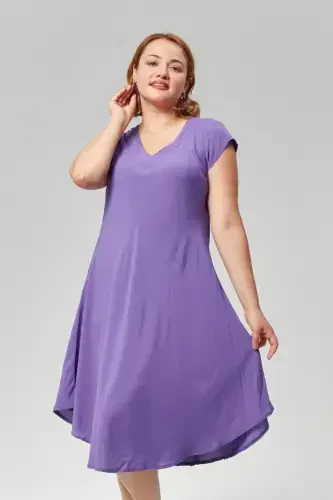 Plus Size V Neck Short Sleeve Woven Viscose Comfort Dress Plain PURPLE-PURPLE - 3