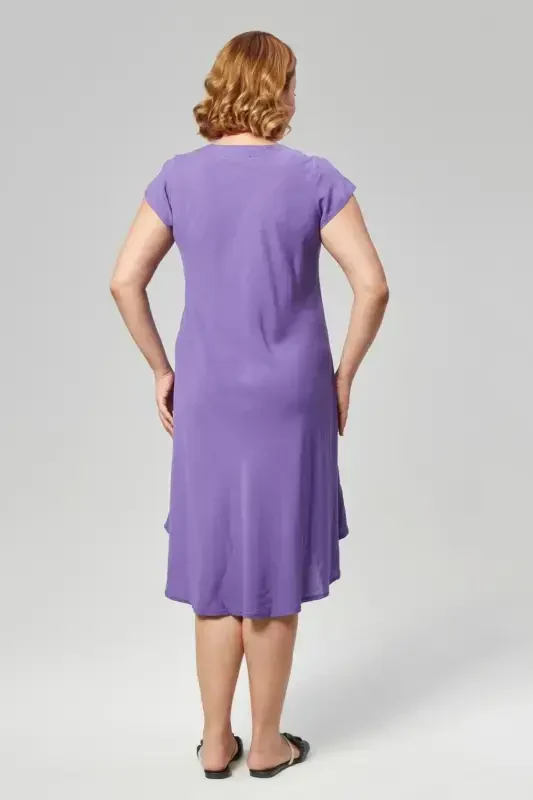 Plus Size V Neck Short Sleeve Woven Viscose Comfort Dress Plain PURPLE-PURPLE - 4