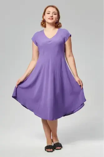 Plus Size V Neck Short Sleeve Woven Viscose Comfort Dress Plain PURPLE-PURPLE - 5