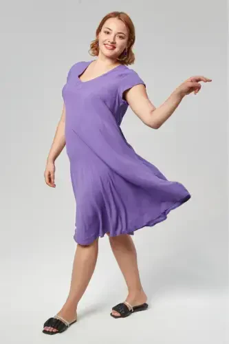 Plus Size V Neck Short Sleeve Woven Viscose Comfort Dress Plain PURPLE-PURPLE - 6