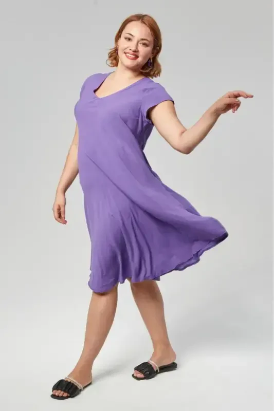 Plus Size V Neck Short Sleeve Woven Viscose Comfort Dress Plain PURPLE-PURPLE - 6