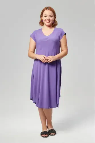 Plus Size V Neck Short Sleeve Woven Viscose Comfort Dress Plain PURPLE-PURPLE - 7