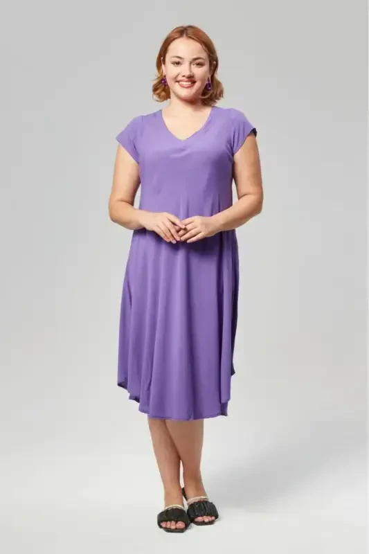 Plus Size V Neck Short Sleeve Woven Viscose Comfort Dress Plain PURPLE-PURPLE - 7