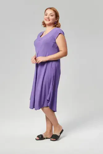 Plus Size V Neck Short Sleeve Woven Viscose Comfort Dress Plain PURPLE-PURPLE - 8
