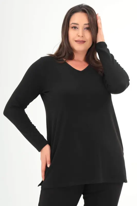 Plus Size V Neck Slit Basic Black Blouse - 1