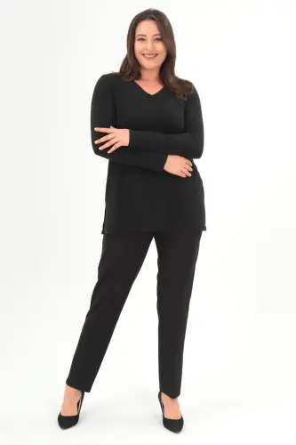 Plus Size V Neck Slit Basic Black Blouse - BÜYÜKBEDENIZ (1)