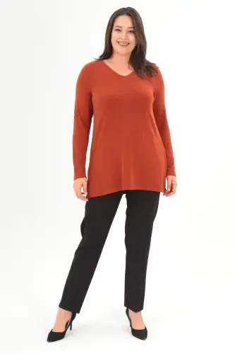 Plus Size V Neck Slit Basic Brick Blouse - BÜYÜKBEDENIZ (1)