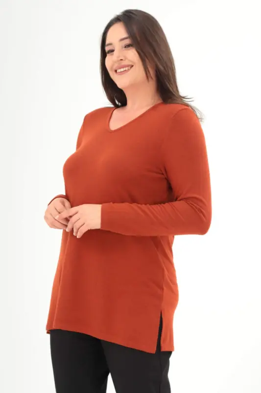 Plus Size V Neck Slit Basic Brick Blouse - 3