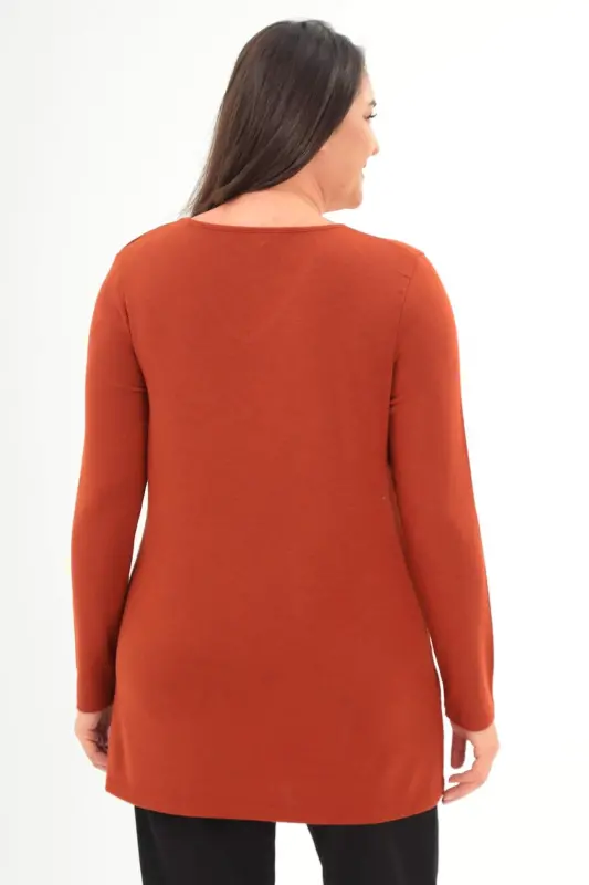 Plus Size V Neck Slit Basic Brick Blouse - 5