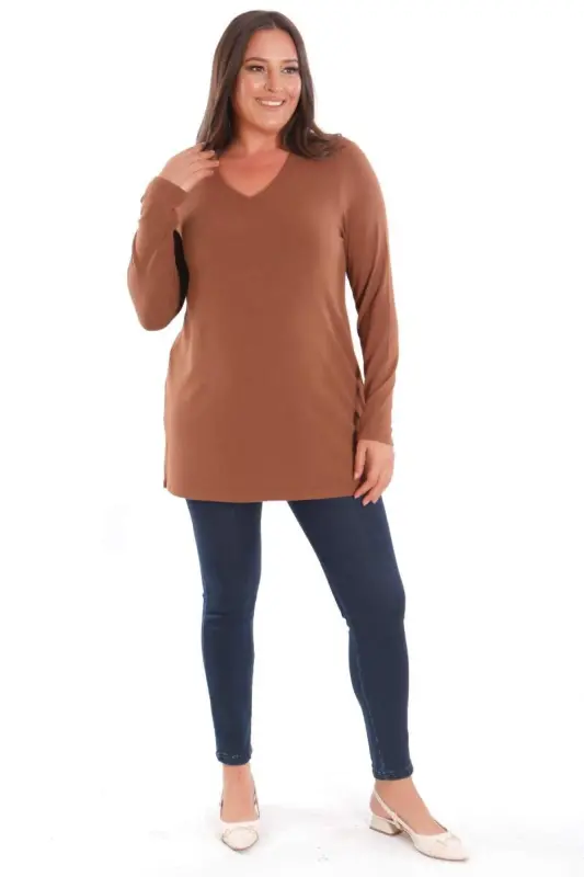 Plus Size V-Neck Slit Basic Brown Blouse - 4