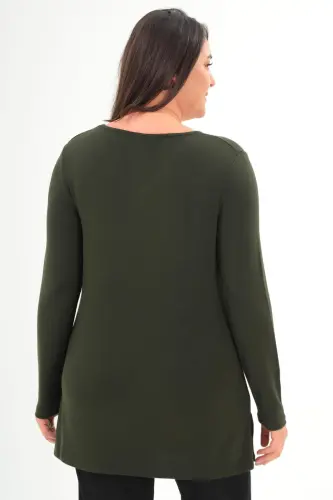 Plus Size V Neck Slit Basic Khaki Blouse - 1