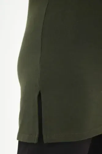 Plus Size V Neck Slit Basic Khaki Blouse - 5