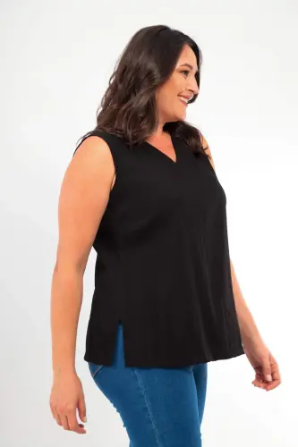 Plus Size V Neck Slit Detail Sleeveless Black Blouse - 1