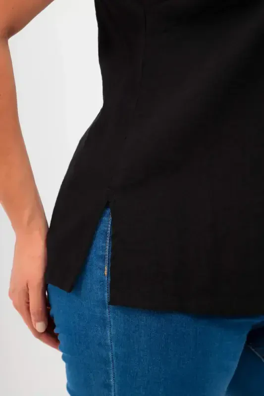 Plus Size V Neck Slit Detail Sleeveless Black Blouse - 2