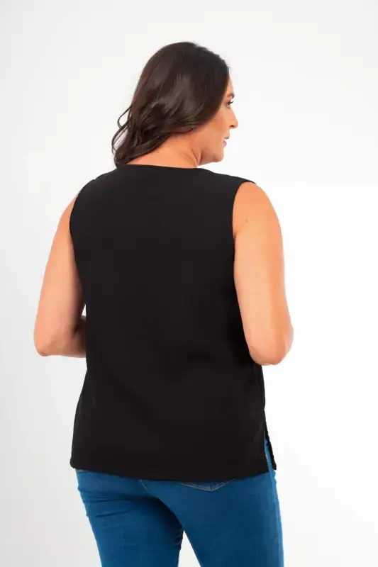 Plus Size V Neck Slit Detail Sleeveless Black Blouse - 3