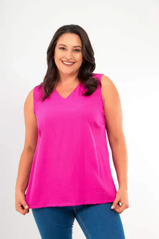 Plus Size V-Neck Slit Detail Sleeveless Fuchsia Blouse - 1