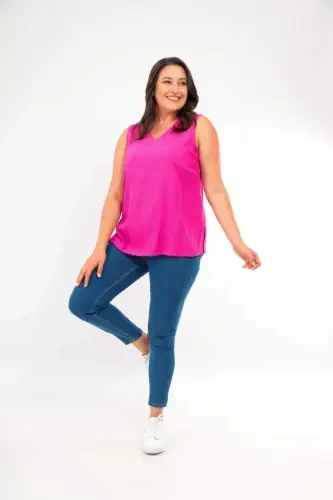 Plus Size V-Neck Slit Detail Sleeveless Fuchsia Blouse - BÜYÜKBEDENIZ (1)