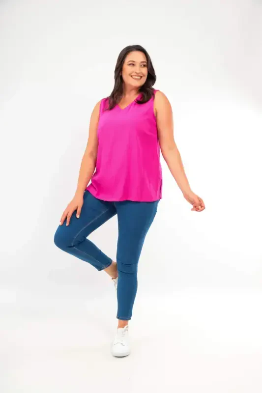 Plus Size V-Neck Slit Detail Sleeveless Fuchsia Blouse - 2