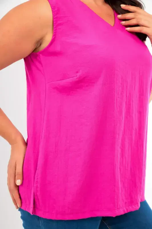 Plus Size V-Neck Slit Detail Sleeveless Fuchsia Blouse - 4