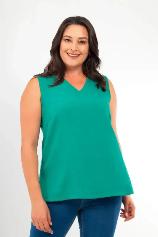 Plus Size V-Neck Slit Detail Sleeveless Green Blouse - 1