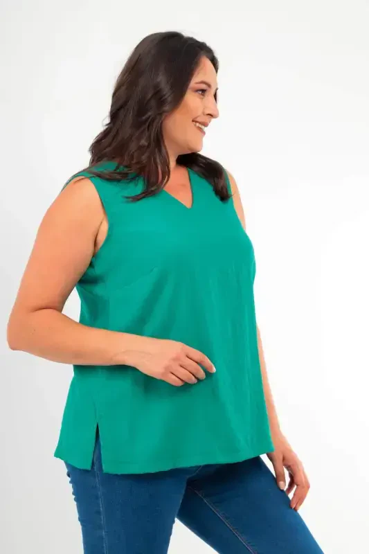 Plus Size V-Neck Slit Detail Sleeveless Green Blouse - 3