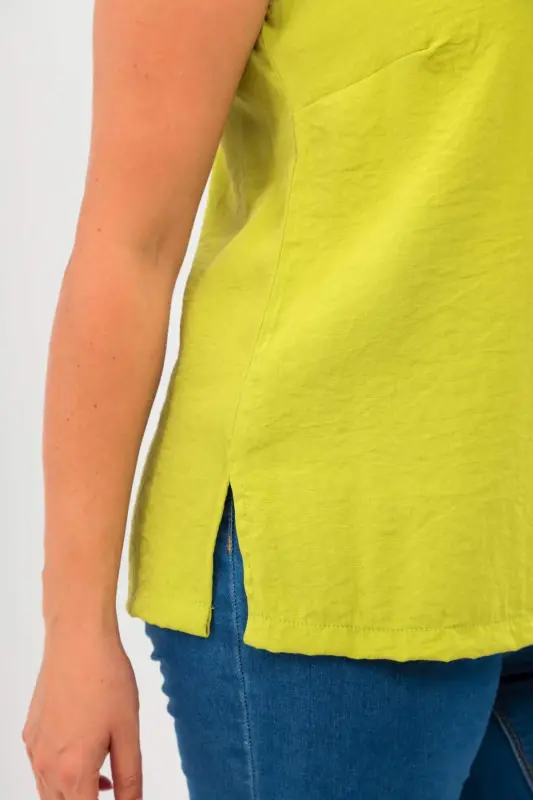 Plus Size V Neck Slit Detail Sleeveless Olive Green Blouse - 1