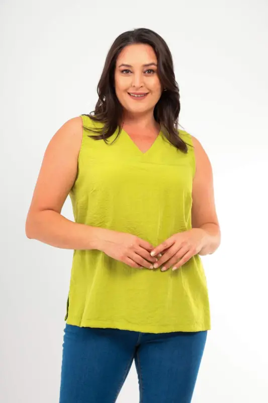 Plus Size V Neck Slit Detail Sleeveless Olive Green Blouse - 3
