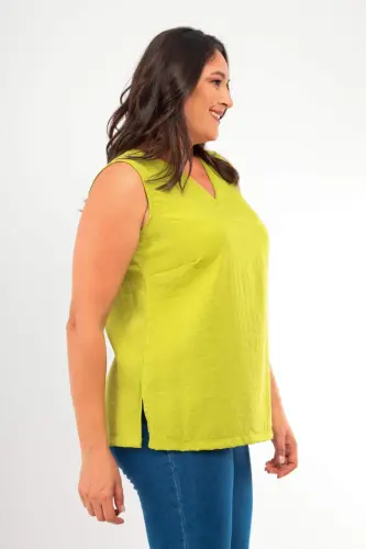 Plus Size V Neck Slit Detail Sleeveless Olive Green Blouse - 5