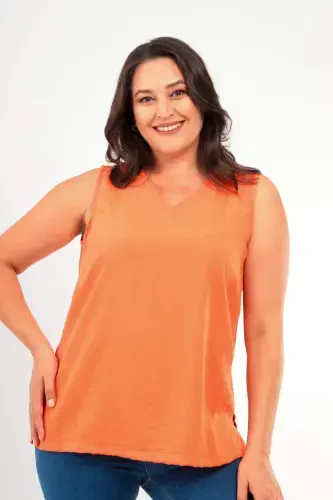 Plus Size V-Neck Slit Detail Sleeveless Orange Blouse - 1