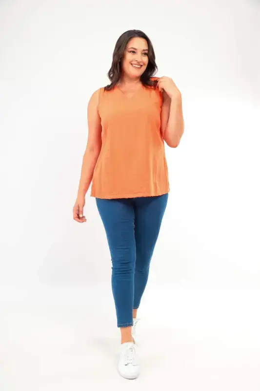 Plus Size V-Neck Slit Detail Sleeveless Orange Blouse - 2