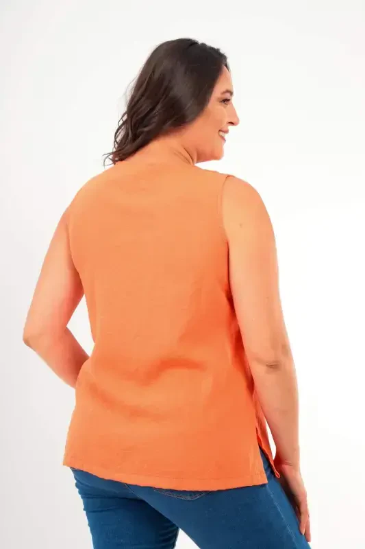 Plus Size V-Neck Slit Detail Sleeveless Orange Blouse - 5