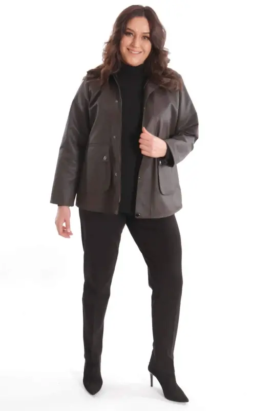 Plus Size Velvet Collar Snap Button Detailed Brown Coat - 2