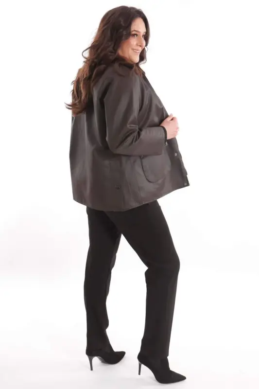 Plus Size Velvet Collar Snap Button Detailed Brown Coat - 4