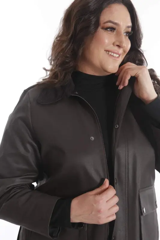 Plus Size Velvet Collar Snap Button Detailed Brown Coat - 5