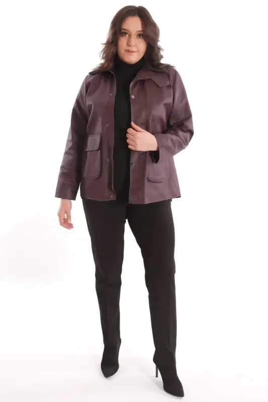 Plus Size Velvet Collared Snap Button Detailed Burgundy Coat - 2