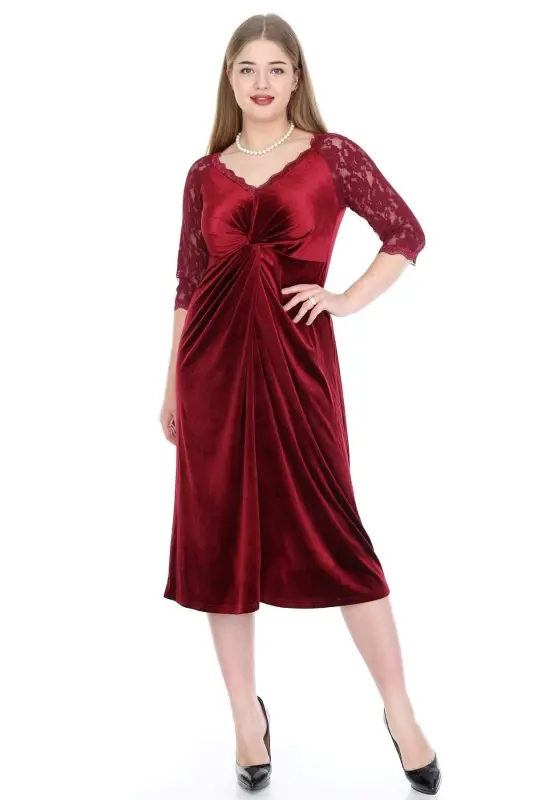 Plus Size Velvet Evening Dress 92-8755 Burgundy - 1