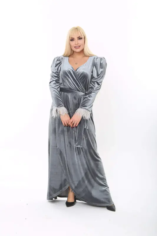 Plus Size Velvet Long Feather Detail Dress Grey 8085 - 10
