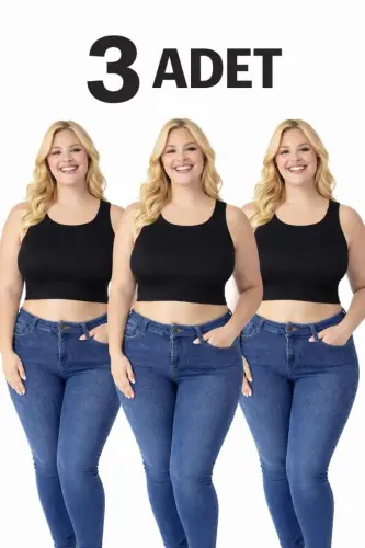 Plus Size Very Flexible White Women's Ribbed Crop Ribbed Tank Top Thick Strap Basic 40-50 3 Pack - BÜYÜKBEDENIZ (1)
