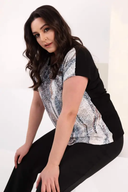 Plus Size Wave Pattern Sequin Low Sleeve Black Blouse - 4