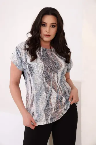 Plus Size Wave Pattern Sequin Low Sleeve Black Blouse - 7